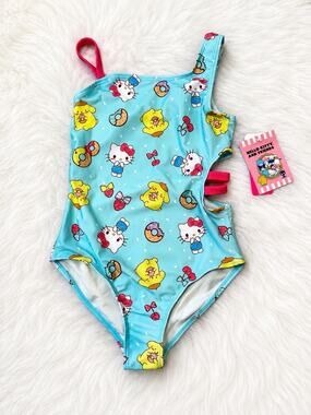 Hello Kitty And Friends Sanrio One-Piece Swimsuit Girls Blue 7/8- NWT SPF 50+